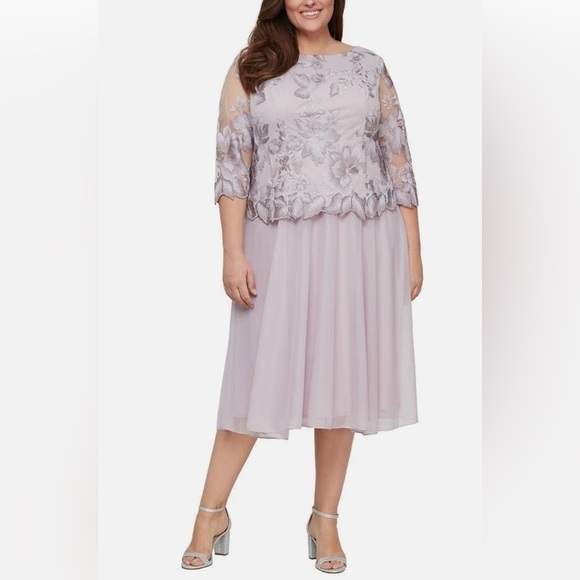 Alex Evenings Plus Sz 22 Embroidered Dress W Illusion Sleeves, Scallop Detail - Picture 1 of 6